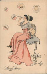 Woman Blowing 'Happiness' Bubbles for New Year with 'Joy' and 'Health' Wishes Postcard