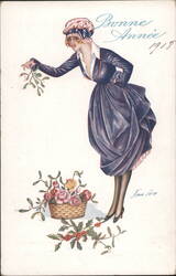 Elegant Woman with Mistletoe and Flowers for New Year's 1918 Postcard