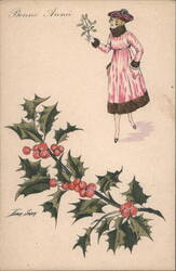 Inez Sager Art: Elegant Woman with Mistletoe & Holly, Bonne Année Postcard