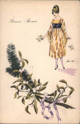 Bonne Année Woman with Mistletoe, Hand-Colored Illustration, 1918 Postcard