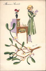Bonne Année Woman Writing at Desk with Roses & Mistletoe, Léon Carré Postcard