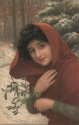 Woman in Red Hood with Mistletoe in Snowy Woods Postcard