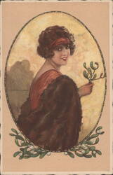 Flapper Woman in Fur with Mistletoe by T. Corella Postcard