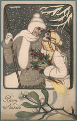Buon Natale Winter Couple with Holly and Mistletoe in Snow Postcard