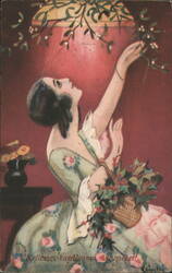 Chiostri Woman Reaching for Mistletoe, Hungarian Christmas Greeting Postcard