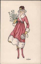 Art Nouveau Woman in Pink Fur Coat with Mistletoe Postcard