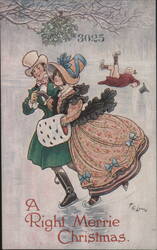 A Right Merrie Christmas: Ice Skating Couple and Fallen Skater with Mistletoe Postcard