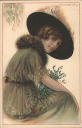Elegant Woman in Green Dress & Black Feather Hat by T. Corbella Postcard