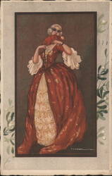 Woman in Red Historical Gown, Mistletoe Border, T. Corbell Art Postcard