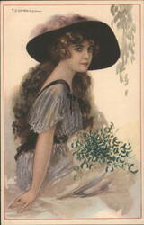 Woman in Wide-Brimmed Hat with Green Foliage Bouquet by T. Corbella Postcard