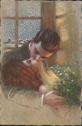 Man and Woman Kissing Under Mistletoe, Snow Falling Outside Window Postcard