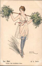 Woman in Slip with Mistletoe, Le Gui, Under the Mistletoe Bow Postcard
