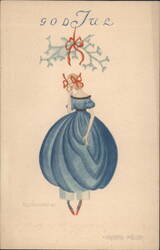 GOD JUL Girl in Blue Dress, Red Bows, Art Nouveau Christmas Greeting Postcard