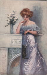 Woman in Lavender Dress with Cat on Mantelpiece, "My Lady's Boudoir" Postcard