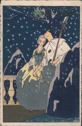 Bonne Année (Happy New Year) Art Nouveau Couple in Snowy Landscape Postcard