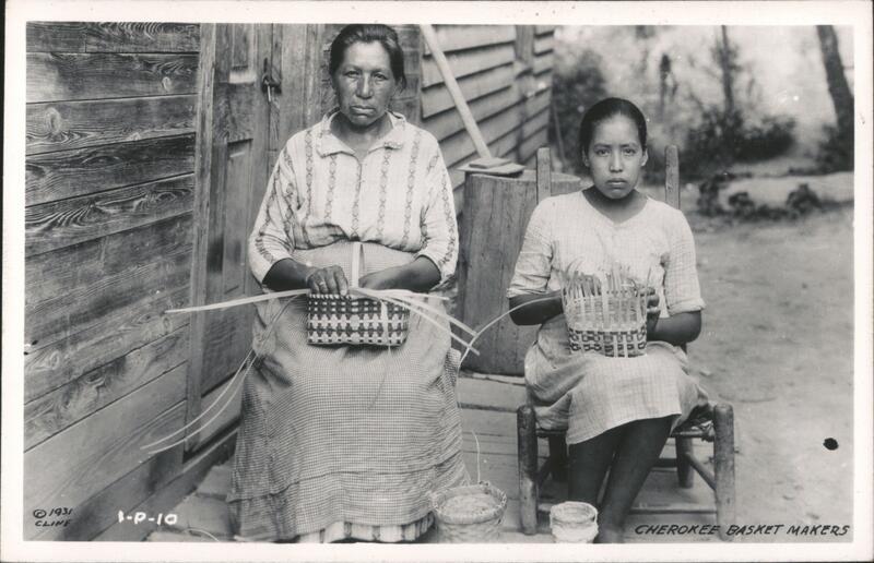 Cherokee Basket Makers, Woman and Girl Weaving Baskets North Carolina