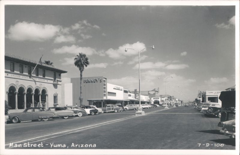 Main Street Scene with Post Office, Penney's, and Classic Cars Yuma Arizona
