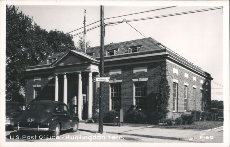 U.S. Post Office Building with Vintage Car Parked in Front Huntingdon Tennessee