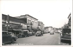 Street Scene with Anniston Hardware, Brownings, Lane Drugs Postcard