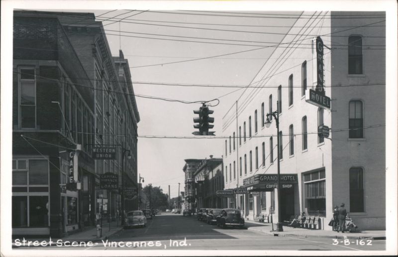 Street Scene with Vintage Cars and Grand Hotel Vincennes Indiana