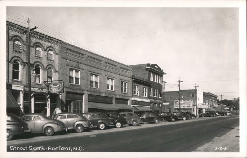 Street Scene with Vintage Cars and Storefronts, Raeford, NC North Carolina