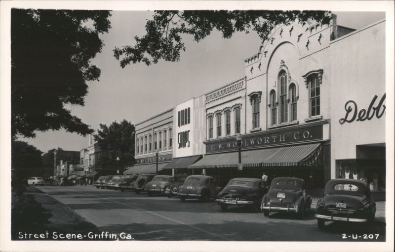 Street Scene with F.W. Woolworth Co. and Vintage Cars Griffin Georgia