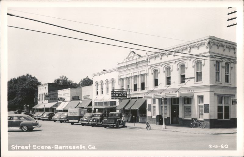 Street Scene with First National Bank, Morgan Drugs, & Classic Cars Barnesville Georgia