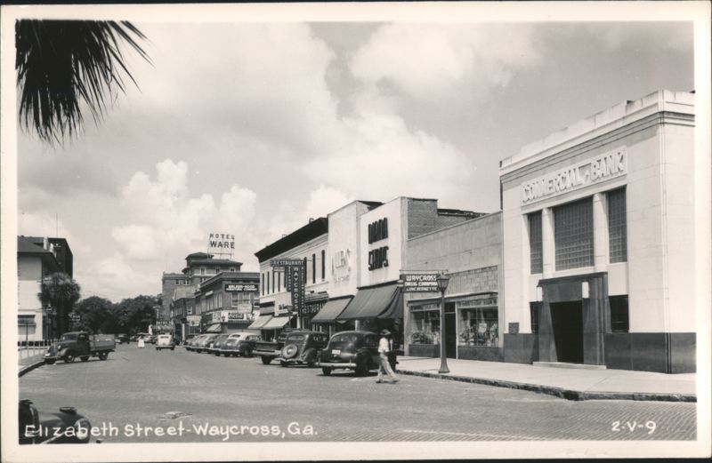 Elizabeth Street with Commercial Bank and vintage cars Waycross Georgia