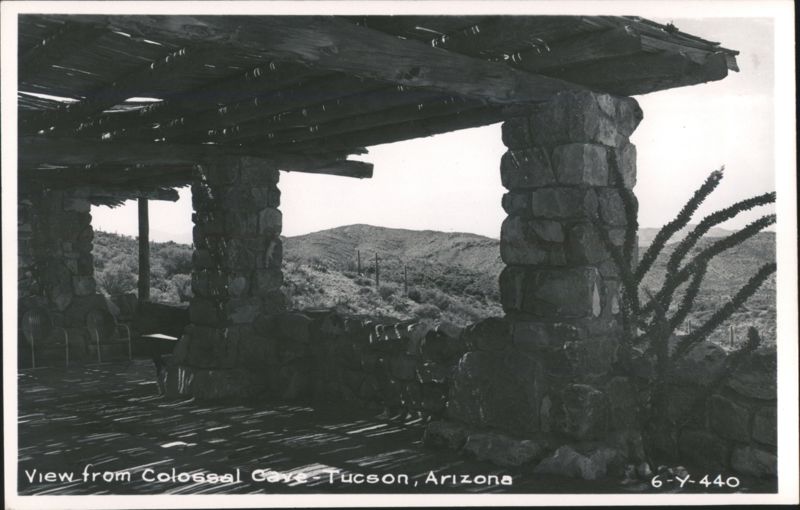 View from rustic stone and wood pergola at Colossal Cave Tucson Arizona