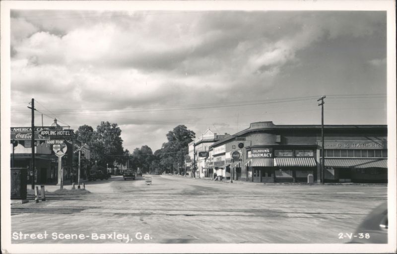 Street Scene with Calhoun's Pharmacy and Appling Hotel Baxley Georgia