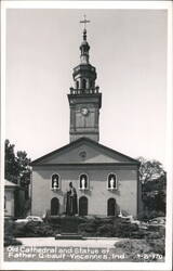 Old Cathedral and Statue of Father Gibault Postcard