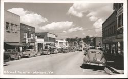 Street Scene with Vintage Cars and Storefronts Postcard