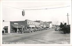 Street Scene with Vintage Cars and Storefronts Postcard