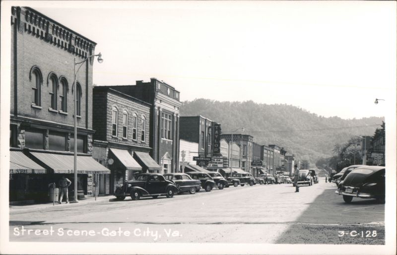 Downtown Street Scene with Vintage Cars and Brick Buildings Gate City Virginia