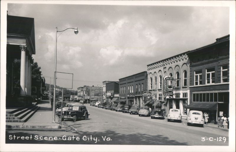 Street Scene with Businesses and Parked Cars, Gate City Virginia
