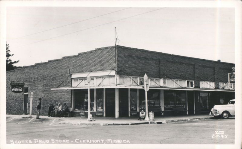 Scott's Drug Store Exterior with People and Car Clermont Florida