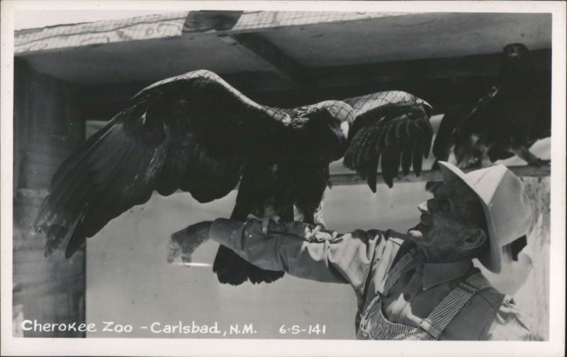 Man holding large bird at Cherokee Zoo Carlsbad New Mexico