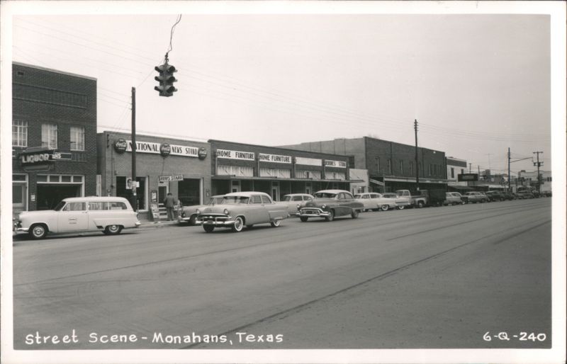Monahans Street Scene with Businesses and 1950s Cars Texas