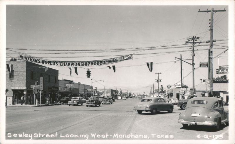 Monahans World's Championship Rodeo banner over Sealey Street Texas