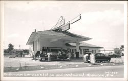 Shamrock Service Station and Restaurant with Cars and People Postcard