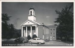 First Baptist Church, two cars parked in front Postcard