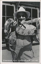 Man in Hat and Overalls Holding Large Snake at Cherokee Zoo Postcard