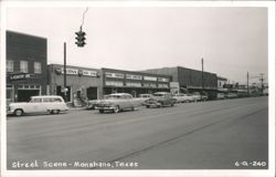 Monahans Street Scene with Businesses and 1950s Cars Postcard