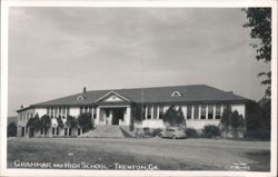 Grammar and High School Building with Vintage Car Postcard