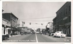 Street Scene with Businesses, Cars, and Banners Postcard