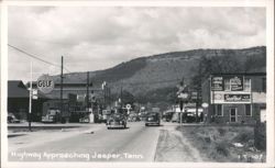 Highway Approaching, Street Scene with Gulf Station and Jasper Drug Co. Postcard