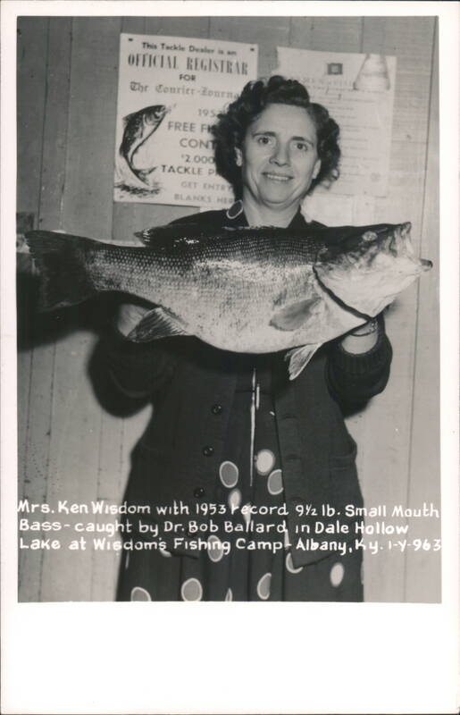 Mrs. Ken Wisdom with 1953 Record 9½ lb. Small Mouth Bass Albany Kentucky