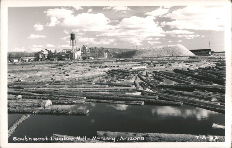 Southwest Lumber Mill with log pond and lumber piles McNary Arizona