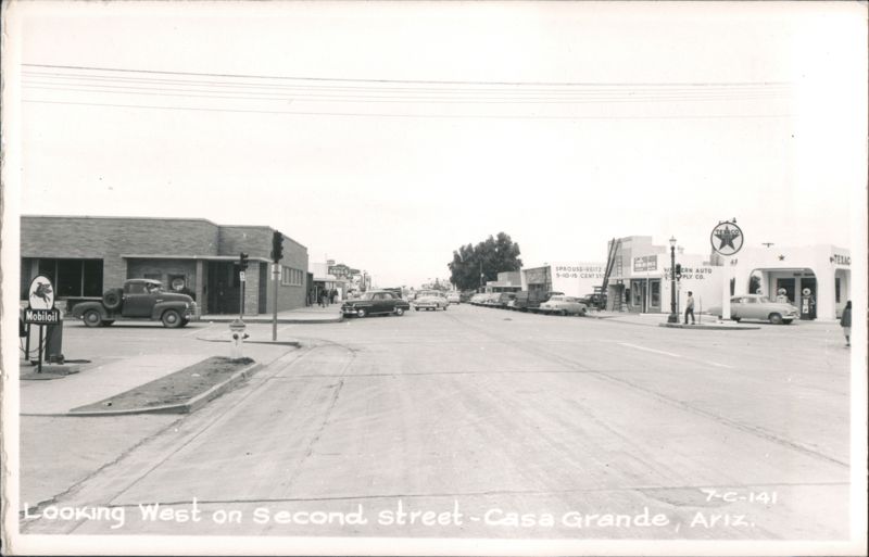 Looking West on Second Street, Mobiloil, Sprouse-Reitz, Texaco Casa Grande Arizona