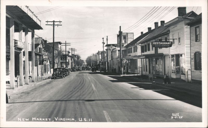 Main Street View with Businesses, Parked Cars, US 11 New Market Virginia